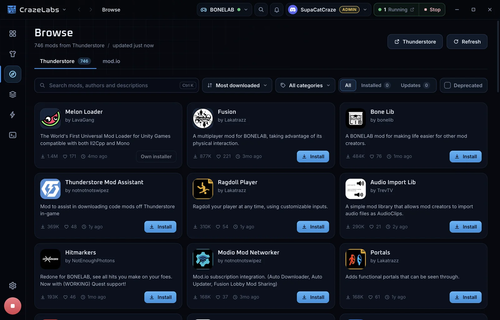 The CrazeLabs app showing mods from Thunderstore